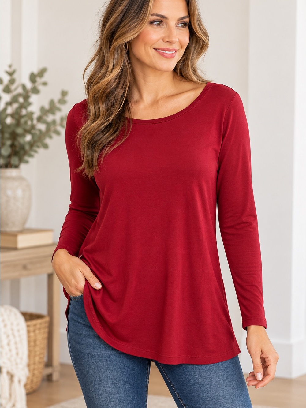 Lauren Ralph Lauren Red Stretch 3/4 Sleeve Scoop Neck Top XL